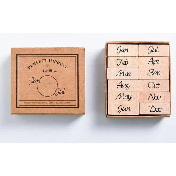 Perfect Imprint Wooden Stamp Set Months Jan-Dec Journaling Scrapbooking New - Picture 1 of 6